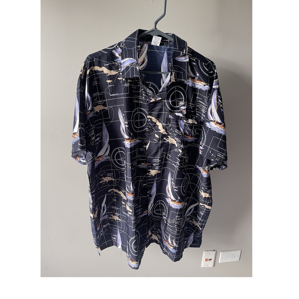 Nautical Map Graphic Print, Mens Shirt Button-Up, Black Beige Blue,  2XL Men's